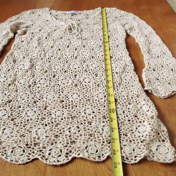 Crochet Sweater Sz M Beige Tunic Cottage Whimsical Floral Grandma Doily Boho - Picture 8 of 9